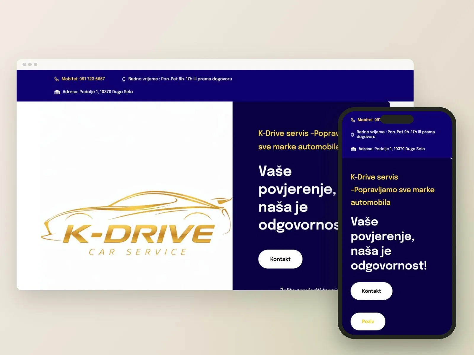 Web stranica K-Drive Autoservis na računalu i mobitelu