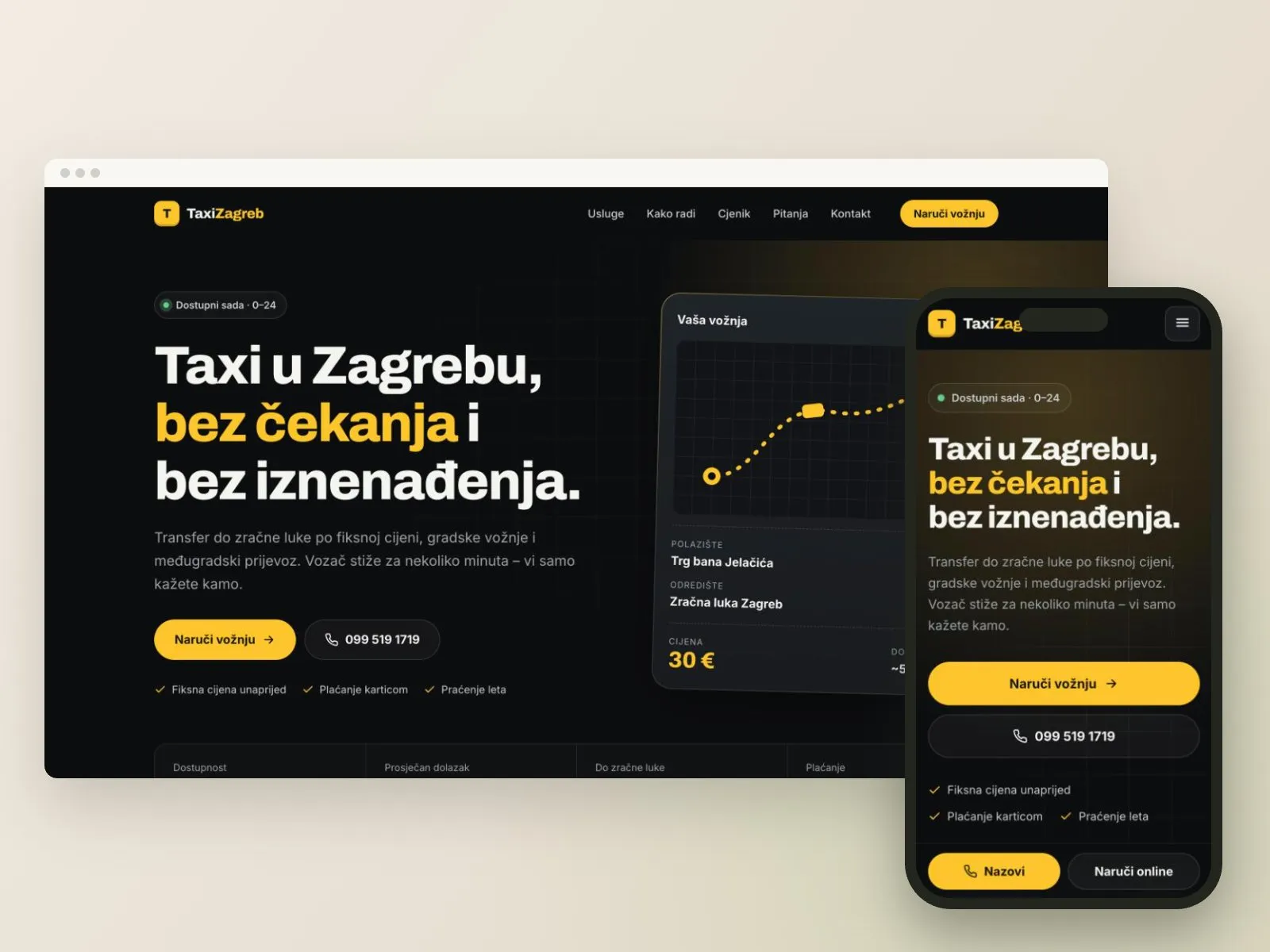 Web stranica Taxi Zagreb na računalu i mobitelu